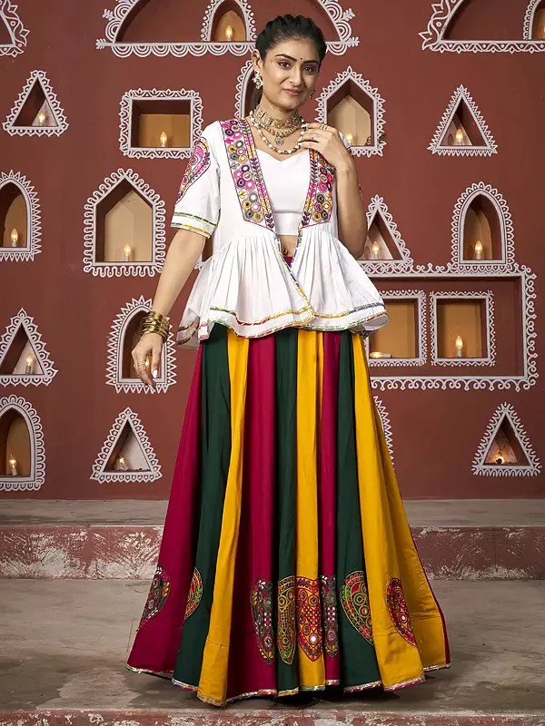 Embroidered Mirror Work White Jacket And Choli With Multicolor Viscose Rayon Lehenga