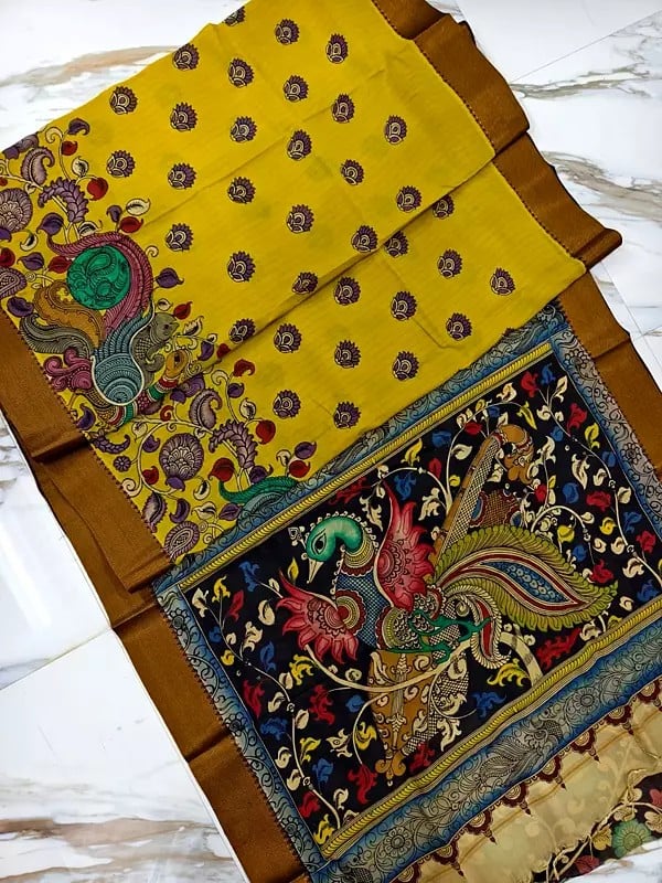 Semi Silk Multicolor Hand Painted Pen Kalamkari Saree With Peacock Print On Pallu