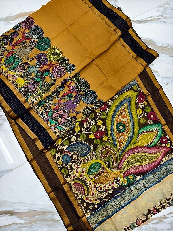 Semi Silk Village Scene Hand Painted Pen Kalamkari Festival Wear Saree