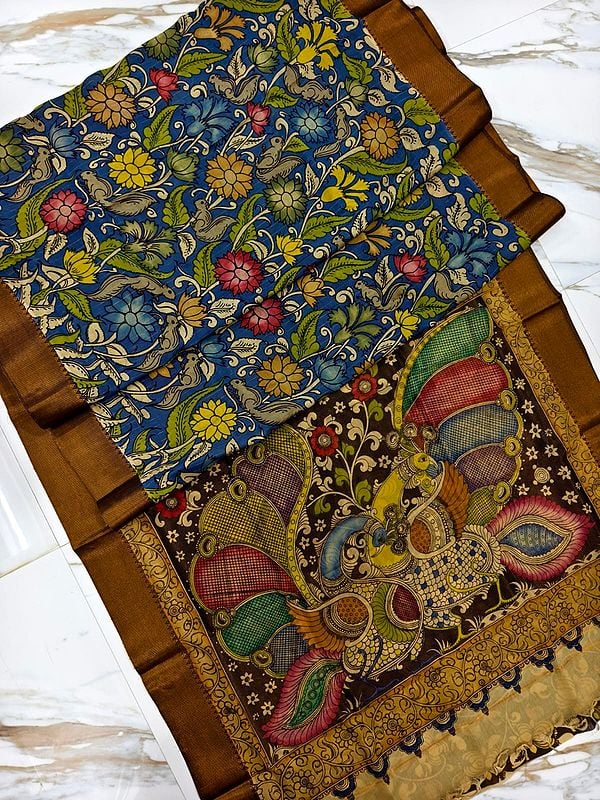 Floral Semi Silk Hand Painted Pen Kalamkari Beautiful Saree With Attractive Pallu