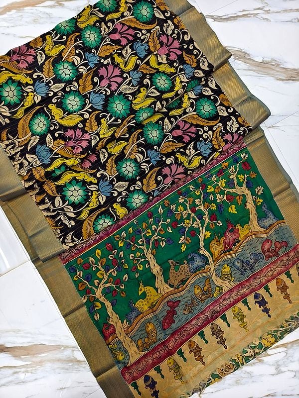 Flower And Leaf Motif Hand Painted Kalamkari Semi Silk Saree With Attractive Pallu