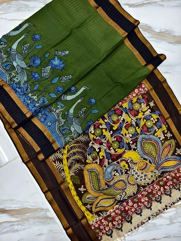 Peacock With Flower Motif Hand Painted Kalamkari Semi Silk Saree With Designer Pallu