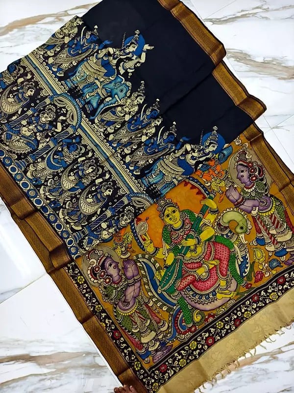 Semi Silk Hand Painted Pen Kalamkari Saree With Devi Saraswati Printed On Pallu