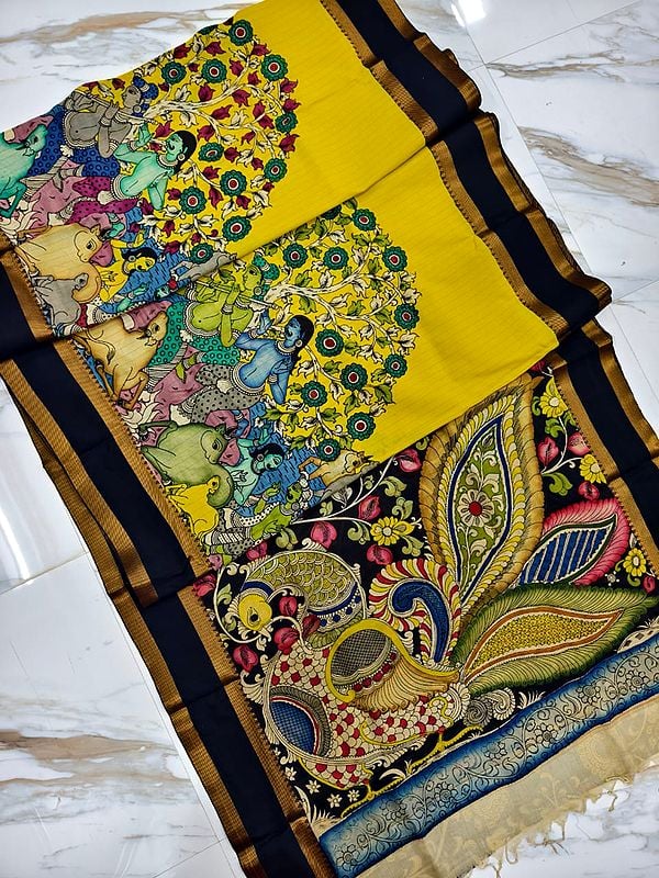 Semi Silk Villagers With Cow Hand Painted Beautiful Saree With Peacock Motif Pallu