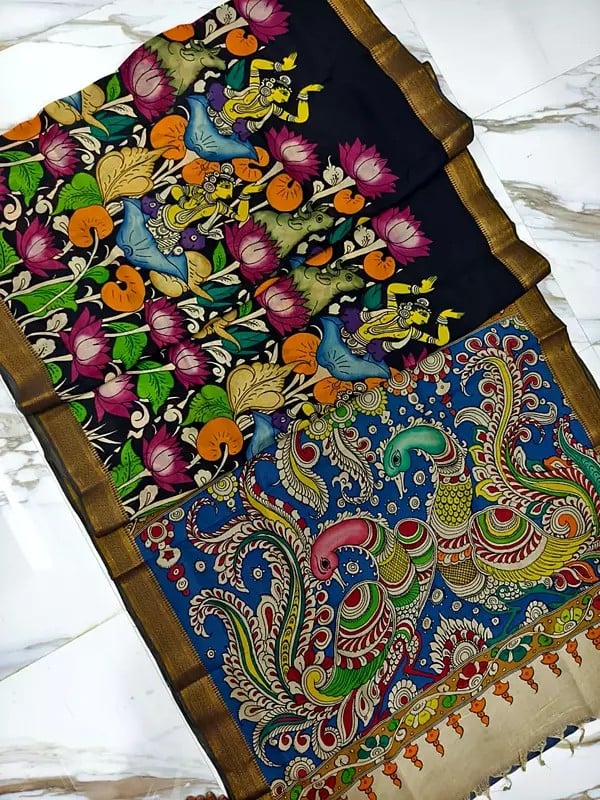 Floral Semi Silk Pen Kalamkari Hand Painted Beautiful Saree For Festival Occasion