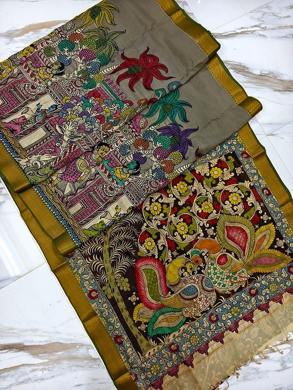 Village Scene Hand Painted Pen Kalamkari Beautiful Semi Silk Saree For Festival Occasion