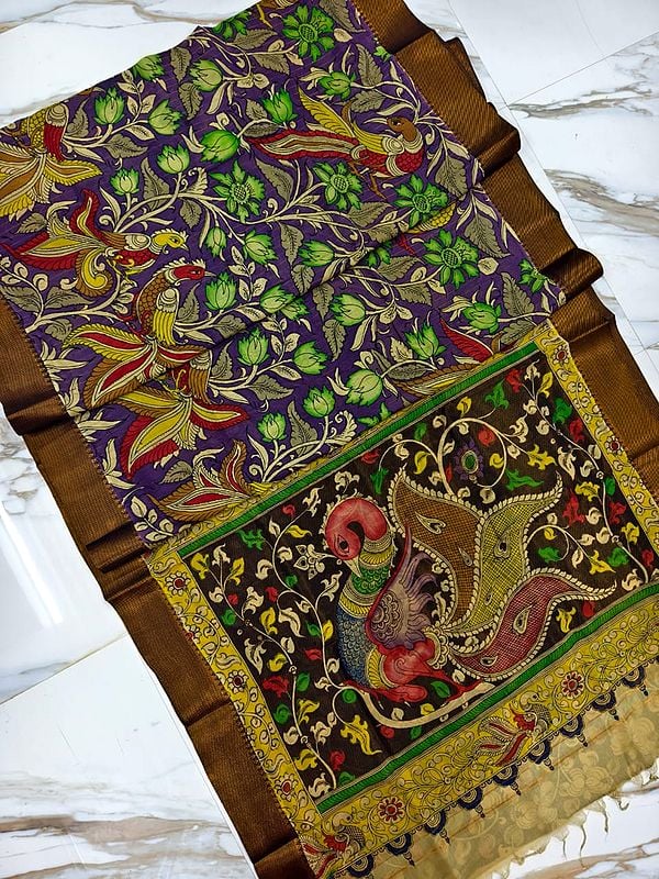 Semi Silk Multicolor Floral Hand Painted Pen Kalamkari Beautiful Saree With Designer Pallu