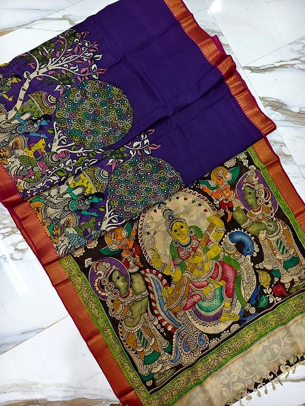 Purple Hand Painted Pen Kalamkar Semi Silk Saree With Devi Saraswati On Pallu