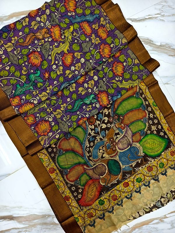 Multicolor Hand Painted Pen Kalamkari Semi Silk Traditional Saree