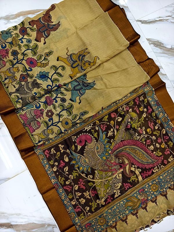 Elephant And Cow Hand Painted Pen Kalamkari Semi Silk Saree