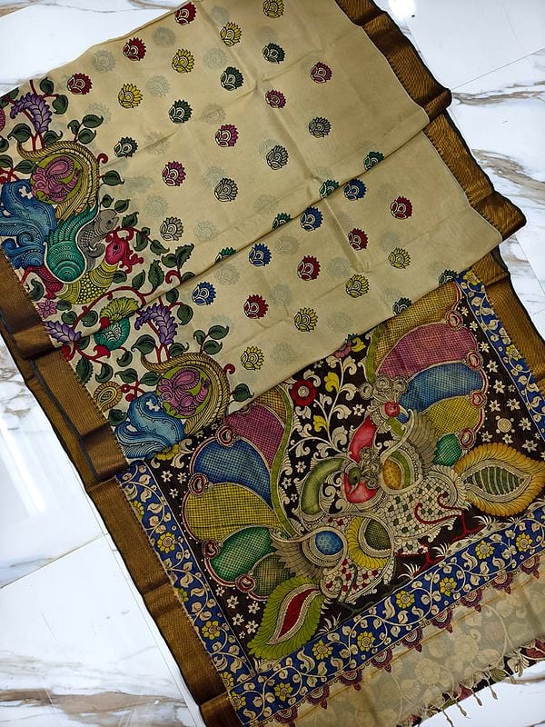 Beautiful Peacock Hand Painted Pen Kalamkari Semi Silk Saree For Festival Occasion