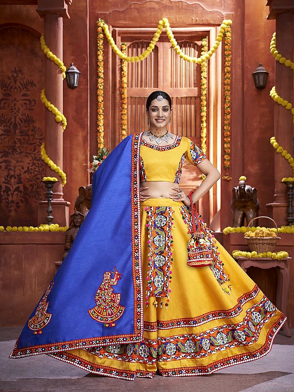 Blue-Yellow Wedding Occasion Art Silk Lehenga Choli And Dupatta With Attractive Mirror Work Lace