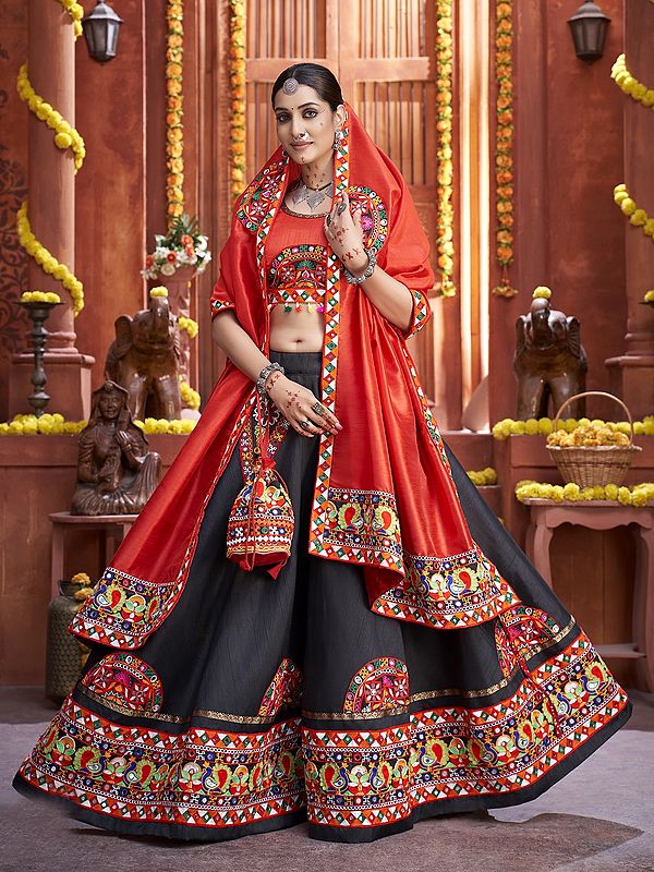 Orange-Black Beautiful Traditional Lehenga Choli And Dupatta With Attractive Border, Lace And Mirror Hand Work