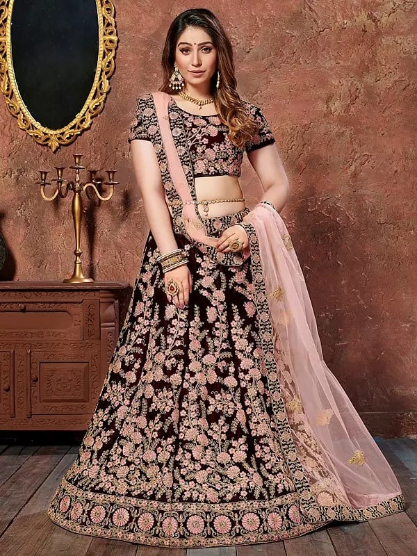 Very-Dark-Brown Velvet Thread And Sequins Floral Embroidery With Dori Work Wedding Wear Lehenga Choli With Soft Net Dupatta