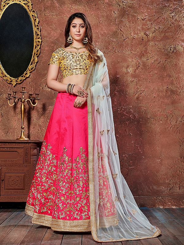 French-Rose Mulberry Silk Thread And Sequins Flower Leaf Embroidery With Dori Work Lehenga Choli With Soft Net Dupatta