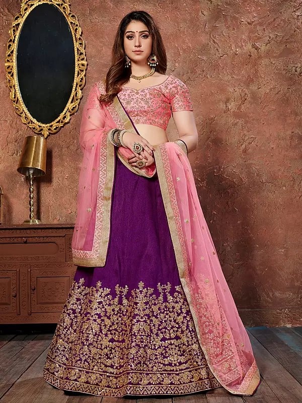 Grape-Purple Mulberry Silk Zari Sequins And Dori Embroidery Work Festival Wear Lehenga Choli With Soft Net Dupatta