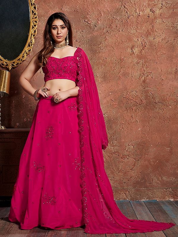 Purplish-Red Georgette Zari Sequins And Dori Work Lehenga Choli With Rose Flower Embroidered On Dupatta