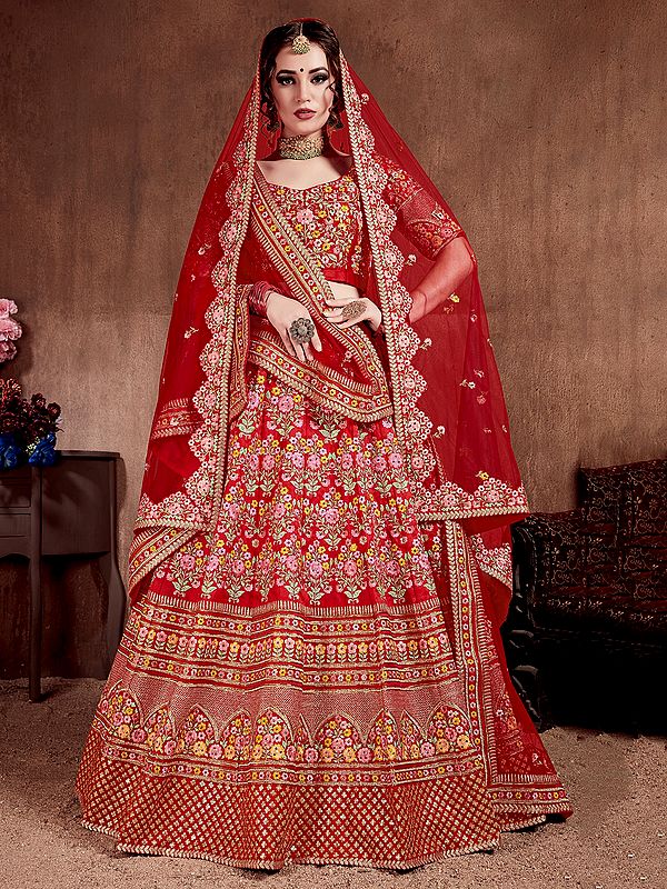 Persian-Red Mulberry Silk Zari Sequins & Stone Work Wedding Wear Lehenga Choli With Thread Embroidery Soft Net Dupatta