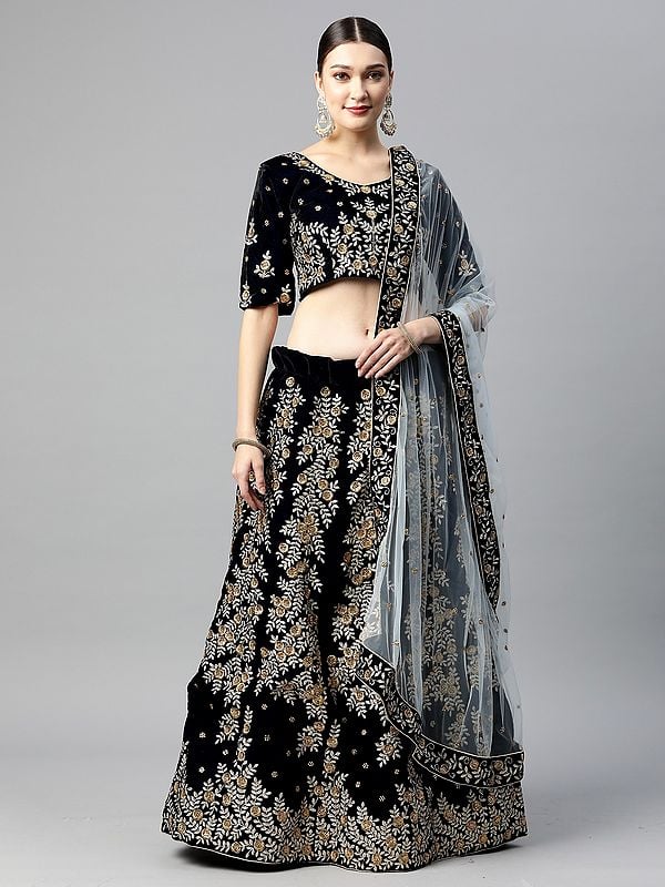 Black Velvet Zari And Flower Leaf Embroidery Work Wedding Wear Lehenga Choli And Net Dupatta