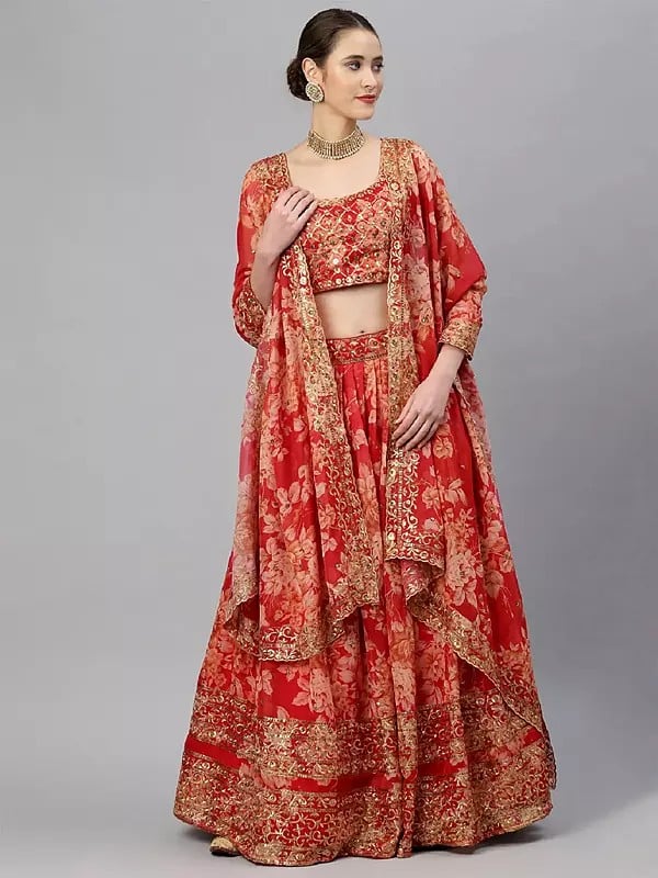 Cornell-Red Organza Floral Work Embroidery Wedding Wear Lehenga Choli With Matching Dupatta