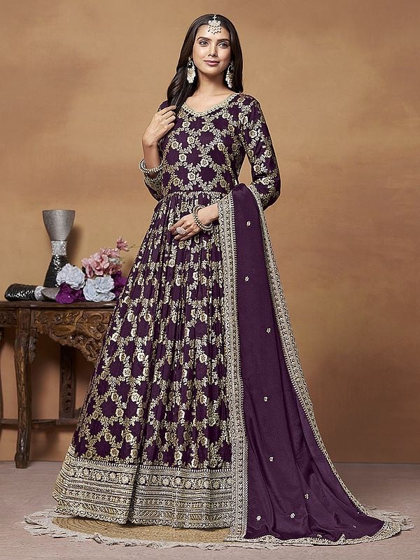 Dola Jacquard Weaving & Sequins Work Anarkali Style Long Gown With Attractive Dupatta