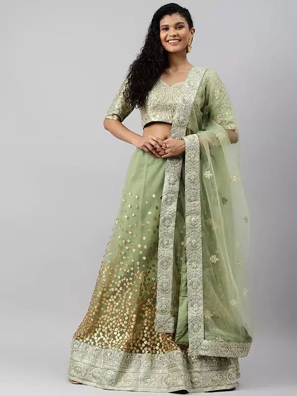 Greyish-Green Net Sequins Work Heavy Designer Wedding Wear Lehenga Choli With Net Dupatta