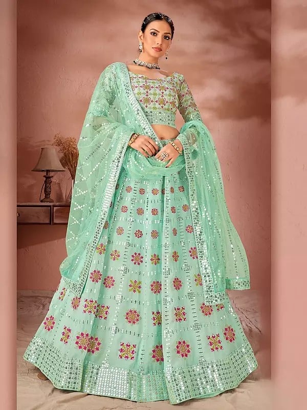 Premium Georgette Sequins And Multi Thread Work Party Wear Lehenga Choli With Net Dupatta