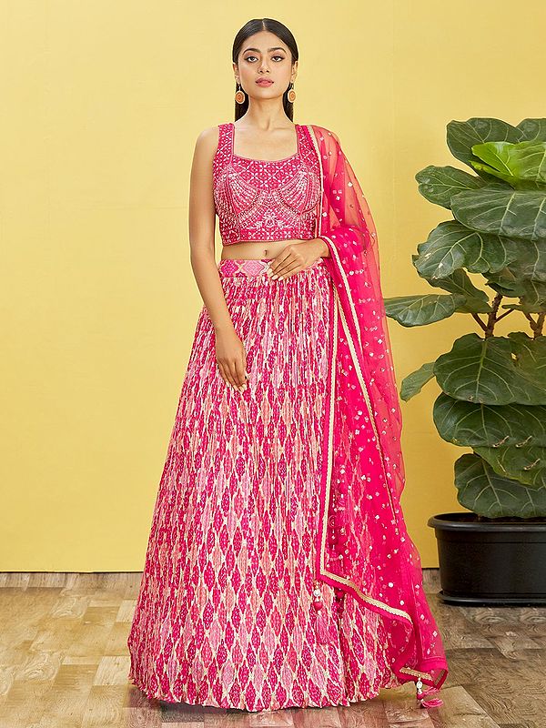 Thread Embroidered Zari Sequins Chinon Lehenga Choli And Dupatta With Digital Printed Diamond Pattern