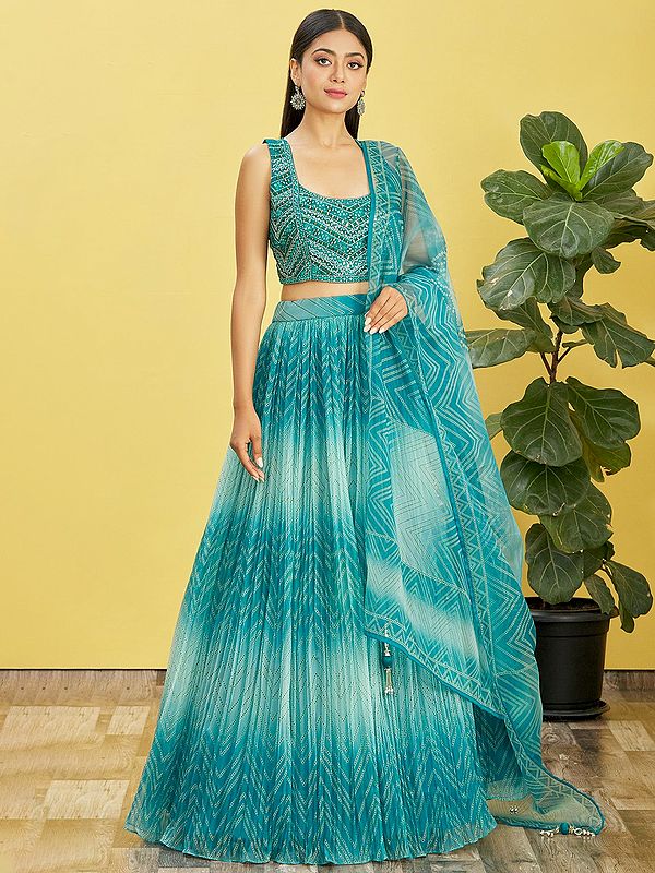 Digital Printed Zig Zag Pattern Organza Lehenga Choli And Soft Net Dupatta With Embroidery And Zari Work