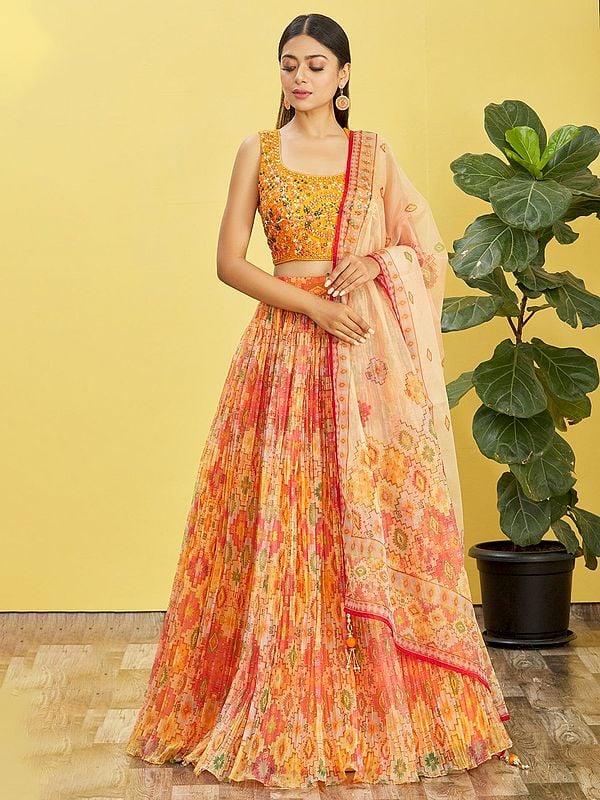 Peach-Orange Organza Lehenga Choli And Dupatta With Zari Thread Embroidered And Digital Print Work