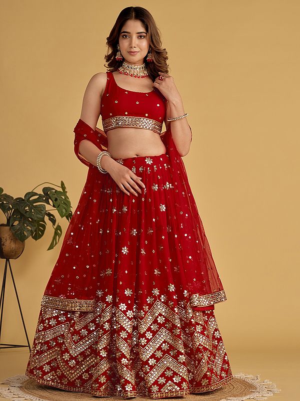 Crimson-Red Zig Zag And Floral Pattern Georgette Lehenga Choli And Dupatta With Sequins Zari Embroidery Work