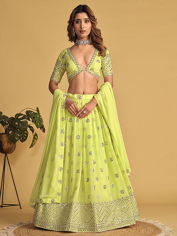 Light Yellow-Green Designer Georgette Lehenga Choli And Dupatta With Zari Embroidered Broad Border