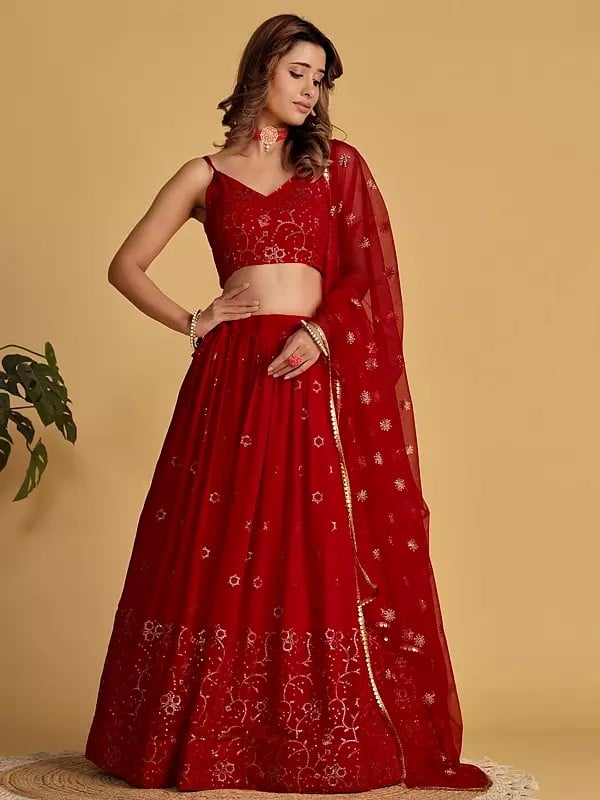 Guardsman-Red Floral Motifs Velvet Lehenga Choli And Dupatta With Zari Embroidered Sequins Work