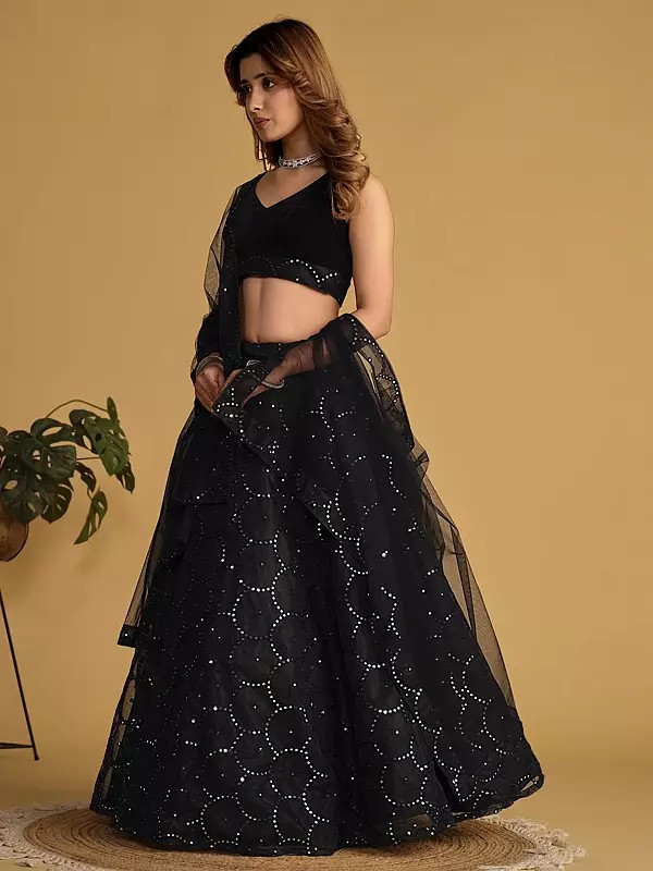 Jade-Black Designer Velvet Lehenga Choli And Soft Net Dupatta With Attractive Zari Embroidery And Sequins