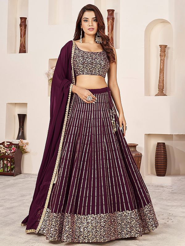 Brown-Purple Designer Sequins Embroidered Broad Border Georgette Lehenga With Choli And Dupatta