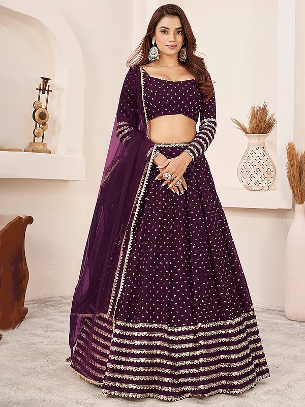 Old-Mauve Zari Embroidered Broad Border Georgette Lehenga With Choli And Dupatta For Wedding