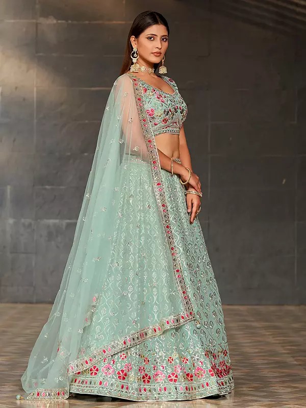 Powder-Blue Traditional Zari Embroidery Vine Pattern Georgette Lehenga Choli And Dupatta For Wedding