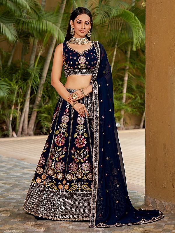 Dark-Navy Attractive Floral Pattern Thread Embroidered Broad Border Georgette Lehenga With Choli And Dupatta