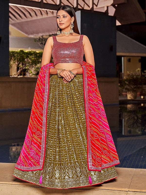 Olive And Pink Georgette Lehenga Choli And Tasseled Dupatta With Sequins, Zari, And Thread Embroidery