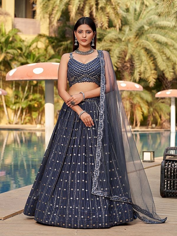 Bright-Grey Sequins Designer Georgette Lehenga Choli And Dupatta For Festival With Zari Thread Embroidery