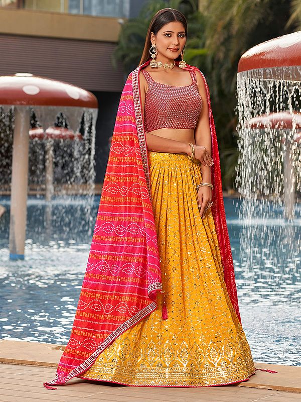 Yellow-Pink Zari Thread Embroidered Georgette Lehenga Choli And Digital Printed Dupatta