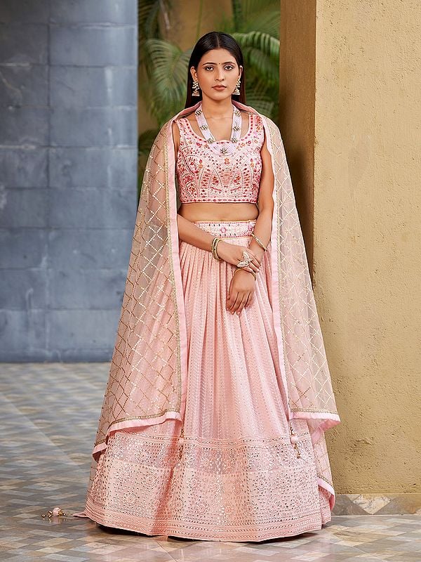 Misty-Rose Georgette Lehenga Choli And Dupatta With Beautiful Sequins, Zari, And Embroidery Work Border