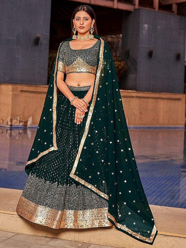 Timber-Green Zari Thread Embroidered Georgette Lehenga With Choli And Small Butti Motifs Dupatta