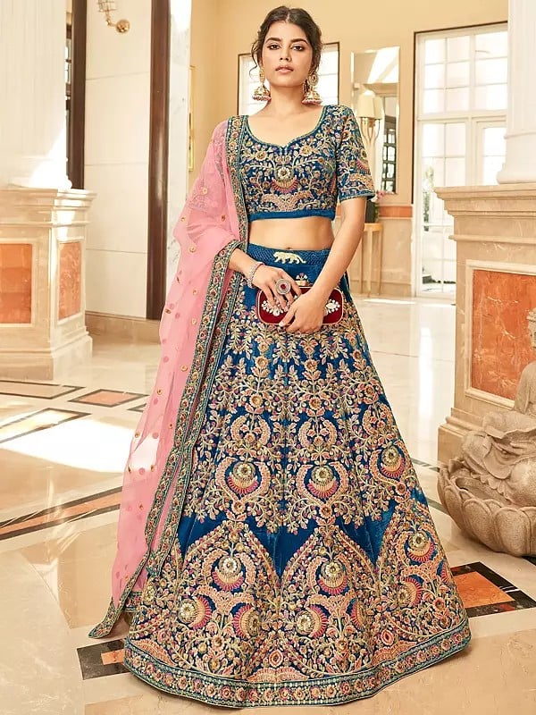 Velvet Zari And Sequins-Thread Embroidery Work Party Wear Lehenga Choli With Soft Net Dupatta