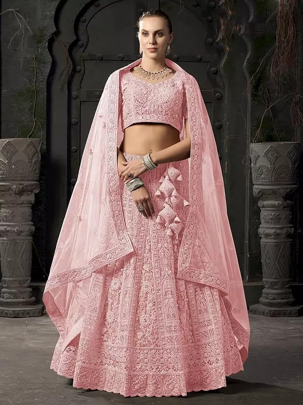 Premium Net Zarkan Work Party Wear Lehenga Choli With Tassels And Matching Dupatta