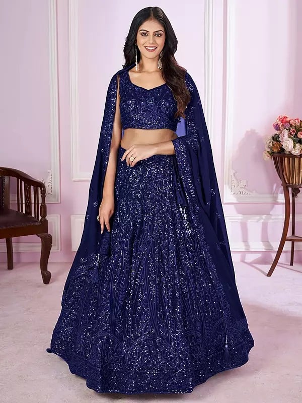 Georgette Sequins With Thread Embroidery Work Wedding Wear Elegant Lehenga Choli And Attractive Dupatta