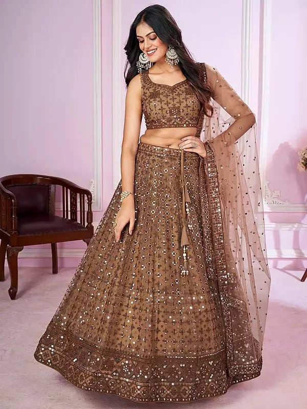 Cocoa Sequins-Thread Embroidery Work Wedding Wear Lehenga Choli With Tassels And Soft Net Dupatta