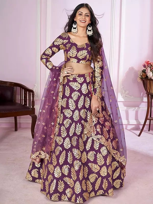 Plum-Purple Georgette Sequins With Zari Leaf Embroidery Work Party Wear Lehenga Choli And Soft Net Dupatta