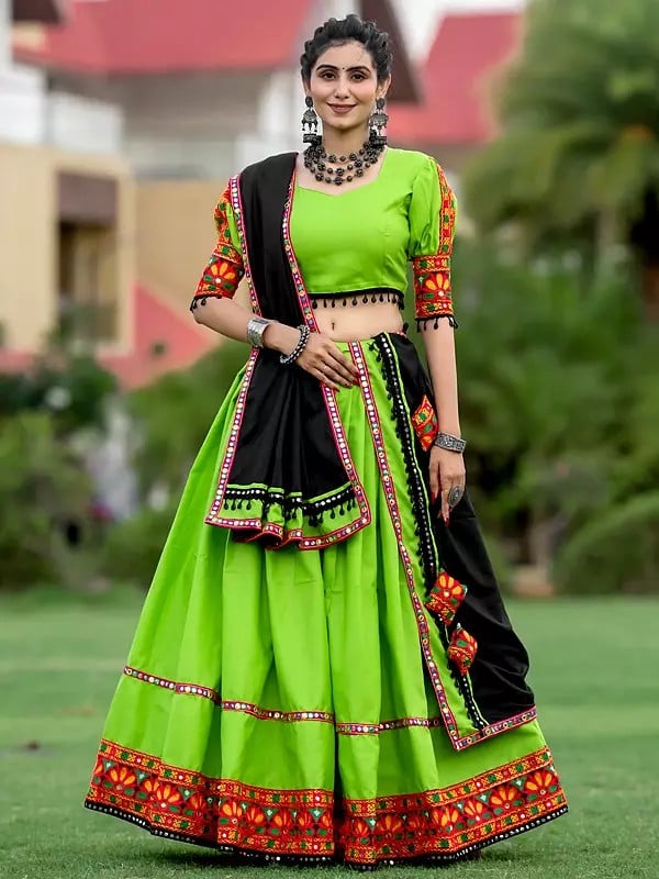 Fresh-Green Pure Cotton Plain Gamthi With Lace & Mirror Work Traditional Lehenga Choli & Attractive Dupatta