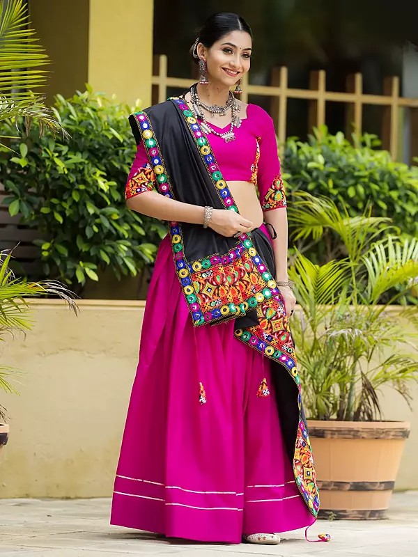 Dogwood-Rose Pure Cotton Plain With Gota Lace Work Traditional Lehenga Choli With Embroiderd Dupatta